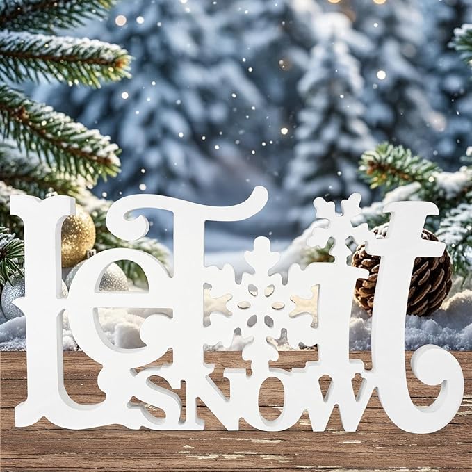 Let It Snow Decorations, Snow Wooden Christmas Table Centerpiece Sign, Tiered Tray Decor for Xmas Winter Holiday Home Decor (White)