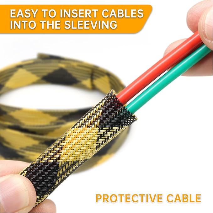 Braided Wire Loom Sleeve - Pet Proof Chew Resistant Cable Wrap, High Density Expandable Cable Sleeving for Automotive Wire Harness & PC Computer Case 16.4ft (Black Yellow, 8mm (5/16"))