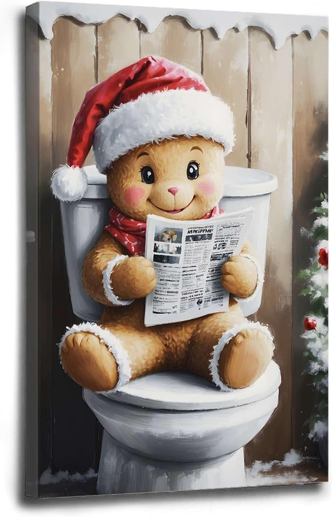 Framed Canvas Wall Art Gingerbread on the Toilet Funny Christmas Poster Bathroom Wall Art Toilet Trendy Christmas Decor 12x18in Wood Framed