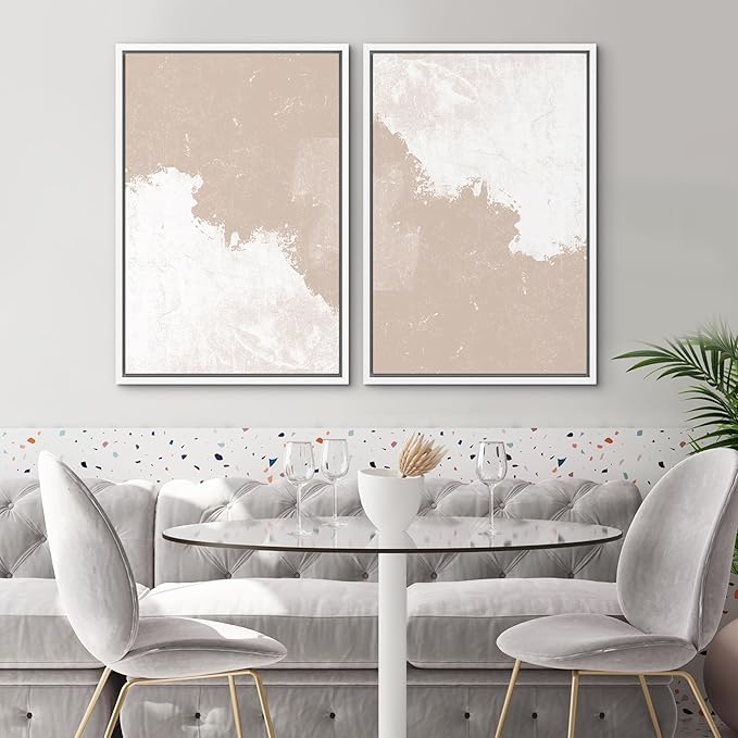 SIGNWIN Framed Canvas Print Wall Art Set Grunge Pastel Paint Stroke Landscape Abstract Shapes Illustrations Modern Art Minimal Decorative Nordic for Living Room, Bedroom, Office - 24"x36"x2 White