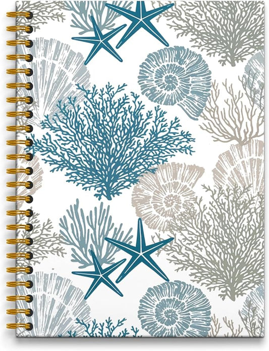 Vintage Beach Ocean Notebook, Ocean Themed Gifts Journal, Preppy Beachy Nautical Journal, Beach Office Decor, Coastal Starfish Carol Seashell Hardcover Spiral Notebooks, 5.5x8.3 Inch