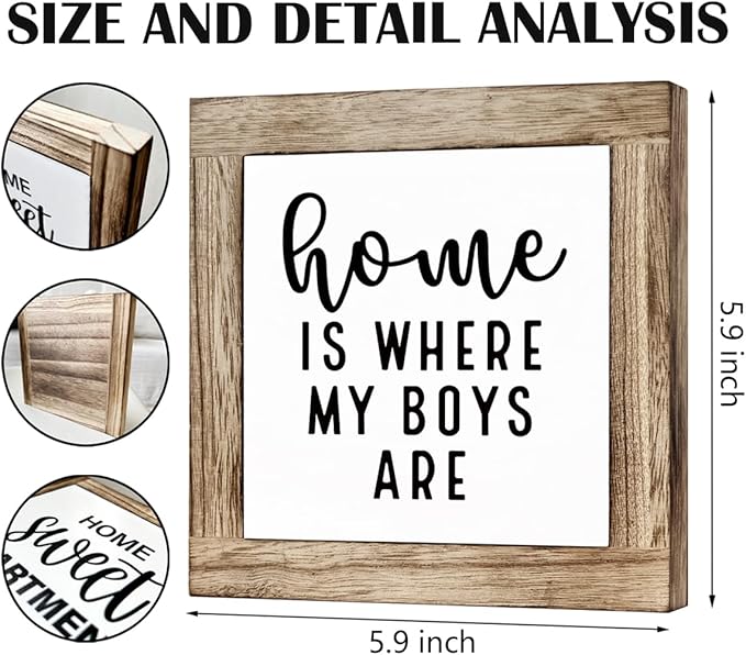 Farmhouse Table Sign, Small Wooden Plaque, Wooden Box Signs for Home Decor, Housewarming Gift, Mom Gift for Mother's Day, Holidays, Home is Where My Boys Are Sign 5.9×5.9×0.7inches