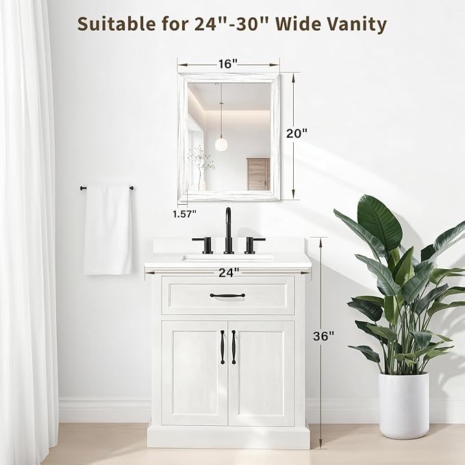 White Wood Effect Framed Wall Mirror, 16x20 Rectangle Mirror, 1/8" Anti-desilvering Tempered Glass, Sustainable& Sturdy Frame, Anti-Rust, HD Reflection &3min Fast Setup for Bathroom Living Room