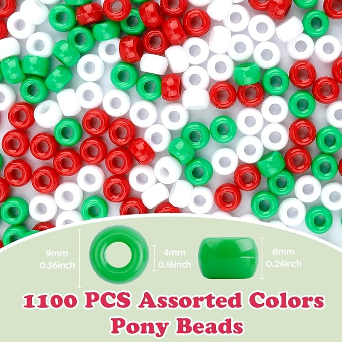 QPIXVB 1100PCS Christmas Beads,Pony Beads,Christmas Pony Bead for Bracelets,Small Bulk Bead for Jewelry Making Bracelet Making,Hair Craft,Red Green Jewelry Making Supplies for Adults,9mm