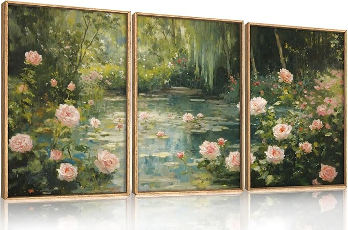 Watercolor Flower Tree Framed Canvas Wall Art Set,Natural White Pink Rose Wildflower Wall Decor,Vintage Dark Green Botanical Artwork for Living Room, Bedroom,Farmhouse- 24"x36"x3