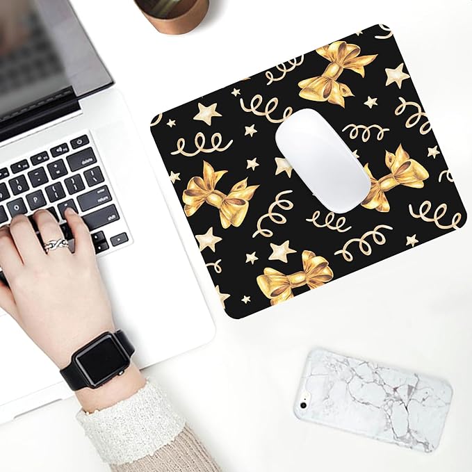 Seorsok Square Aesthetic Gold Bows and Golden Stars Mouse Mat,Premium Textured Mouse Pads for Office Laptop,Washable Square Mousepads with Extended Stitched Edges Non Slip Rubber Base,Black