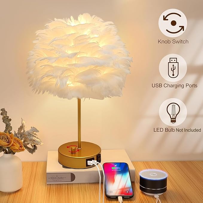 ZYLEIESENBAO Chic White Feather Lamp with USB Charging Port Modern Feather Table Lamp Cute Romantic Bedside Nightstand Light for Girl Room Childrens Room Living Room Entry Wedding Decoration