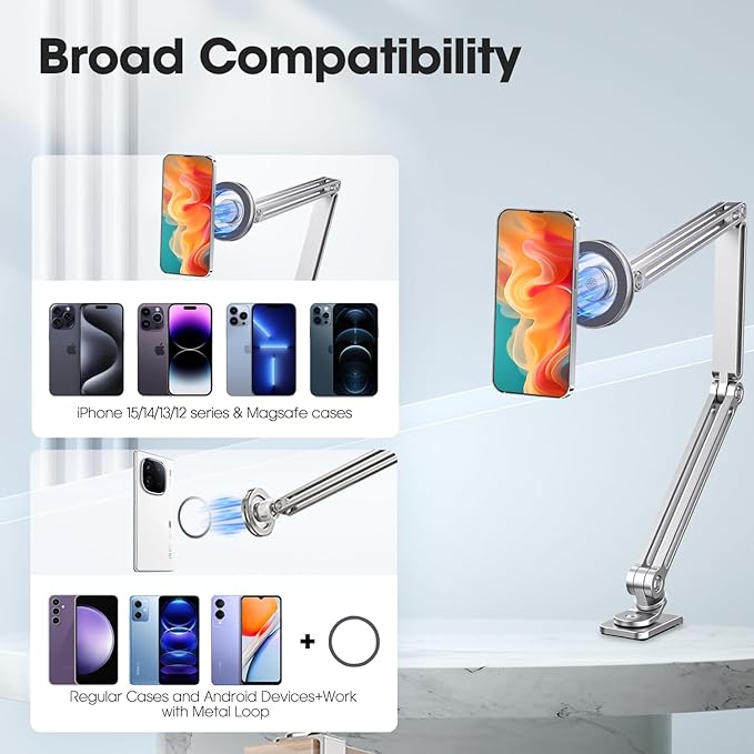 Magnetic Gooseneck Phone Holder for Bed & Desk, Adjustable Arm with Strong Suction Base, Compatible with iPhone 12-15/Magsafe & Android (Includes Metal Ring)