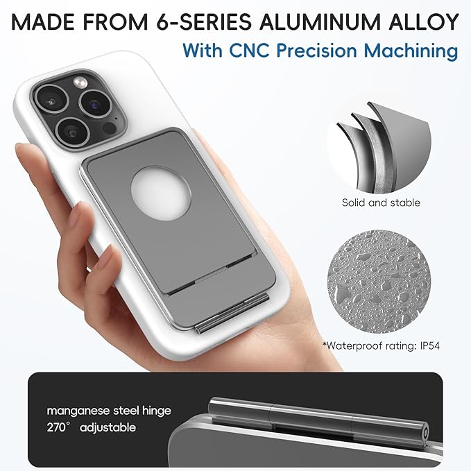 Cell Phone Stand,Adjustable Height and Angle Foldable Phone Holder for Desk, Aluminum Cell Phone Holder,Strong Magnetic Phone Stand Compatible with iPhone 16/15/14/13/12 Series (Grey)