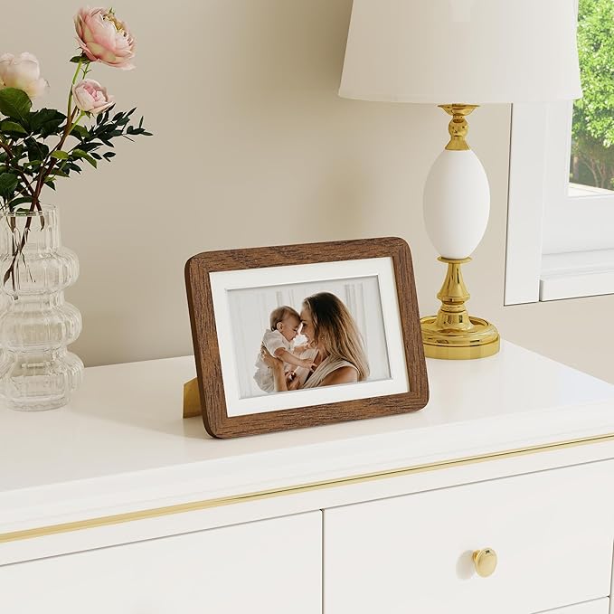Dreamland 4x6 Picture Frame, Solid Oak Wood Photo Frame with Mat for 3.5x5, Round Corner 4 x 6 Matted Picture Frames with Resistant Plexiglass for Wall Mounting or Tabletop, Walnut Color, Set of 1
