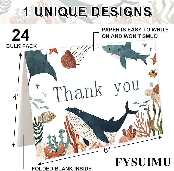 24 Pack Ocean Animal Thank You Cards Bulk Cute Sea Life Greeting Cards with Envelopes Stickers Blank Note Cards for Birthday Baby Shower Party Supplies, 4 x 6 Inch