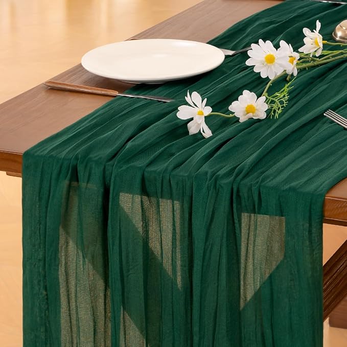 Socomi 3pcs Emerald Green Cheesecloth Table Runner Valentine's Day Boho Rustic Gauze 120 inch 10FT Cheese Cloth Runner for Wedding Party Baby Shower Birthday Home Decor Holiday Decorations