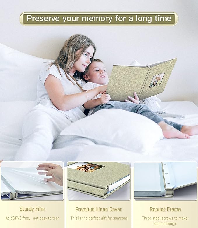 Popotop Photo Album Self Adhesive with Picture Display Window,60 Pages DIY Scrapbooking Supplies Kit for 4x6 10x12 Picture,Linen Cover Memory Book for Baby Wedding, with Scraper and Metallic Pen