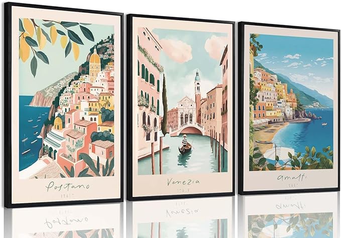 XLARTMY Italy Amalfi Coast Travel Posters Wall Art Canvas Decor City Landscape Blue Venice Coast Painting Beach Modern Artwork for Living Room Bedroom Bathroom Office Set of 3 16x24in Unframed