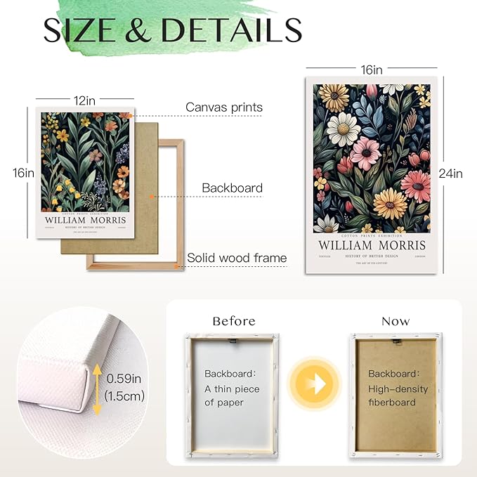 Hianan William Morris Floral Canvas Wall Art, Vintage Botanical Poster Prints, Bright Flower Bird Aesthetic Pictures, William Morris Animal Wall Decor for Living Room Bedroom Framed 16"x24"x3
