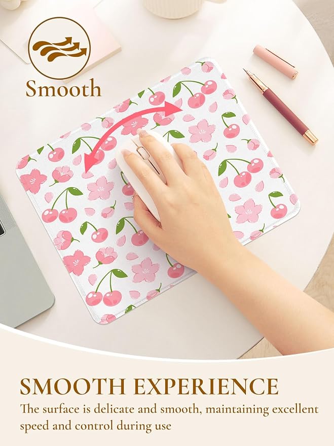 Cute Cherries Mouse Pad,Waterproof Aesthetics Flower Mouse Pads Design, Non-Slip Rubber Base Computer Simple Funny Mousepad,Small Mouse Mat Desk Accessories Office Supplies,Pink Cherry Floral