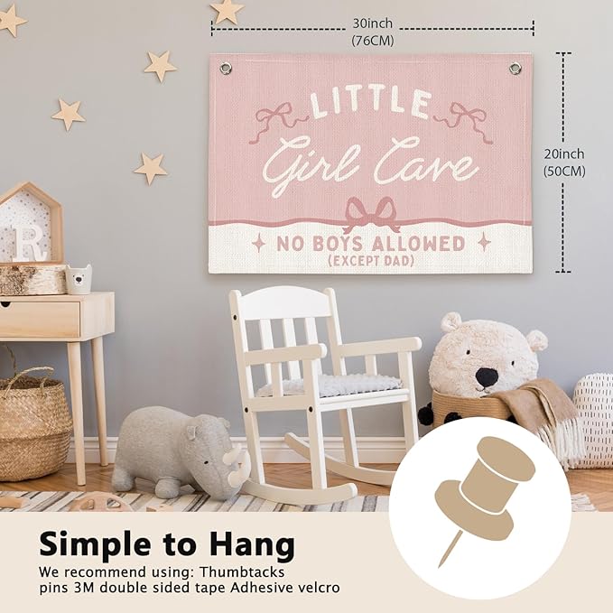 Coquette Pink Bow Little Preppy Room Decor - Linen Banner Wall Hanging Canvas Banner Flag Decor for Girls Nursery Toddler Playroom Bedroom Dorm Apartment
