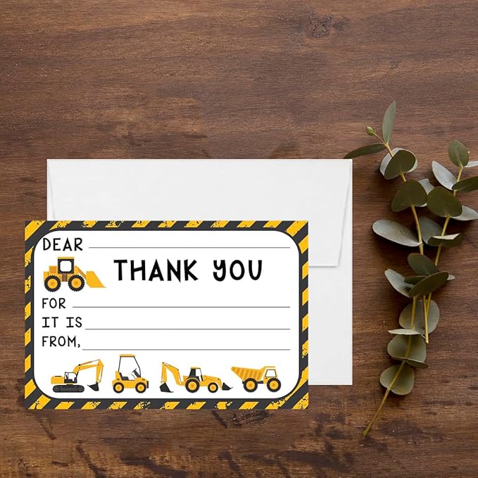Andaz Press Kids Fill in the Blank Thank You Cards - 20 Cards Including Envelopes Construction Trucks Fun Gender Neutral Note Cards For Boys or Girls Thank You Notes for Friends, Family, Party Guests