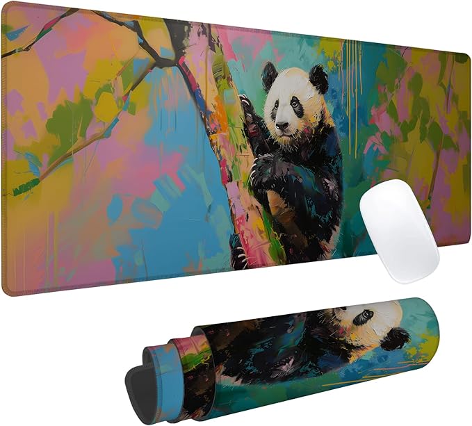 Vibrant Panda Gaming Mouse Pad, Office Desk Mat, Anti-Slip Rubber Base Cool Aesthetic Mouse Pads for Computer Laptop Keyboard School Home Desktop Gamer Home Accessories Decor 31.5" x 11.8"