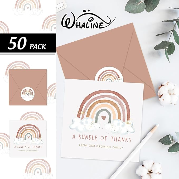 Whaline 50 Pack Baby Shower Thank You Cards Boxed Boho Rainbow Thank You Note Cards with Envelopes Stickers for Birthday Invitation, 5 x 5 Inch