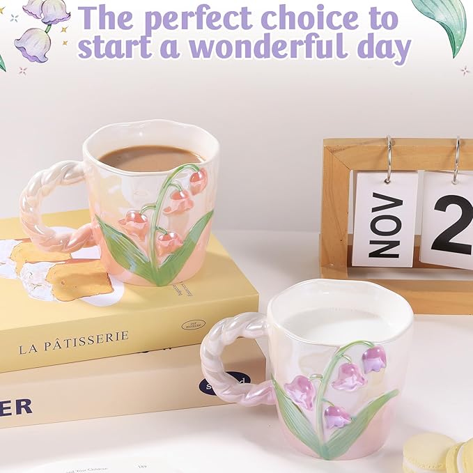 Yoiemivy 2 Pack Cute Coffee Mugs 3D Flower Ceramic Mugs 13 oz Aesthetic Floral Cups Christmas Birthday Gifts for Women Friends Family Flower Lovers