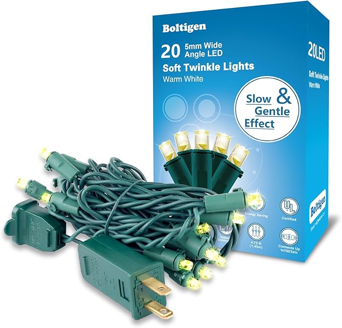 Boltigen Soft Twinkle Lights,20 LED Slow Twinkling, 5mm Wide Angle Christmas Lights, UL Certified 7 Ft Extendable for Home Garden Indoor Outdoor Use Party Wedding Day Decoration (Warm White, 20 LED)
