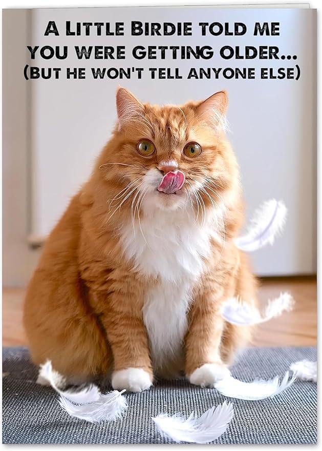 Funny Birthday Cat Card for All, Women, Men, Mom, Dad, Sister, Brother and Friends, Cat Photo Card with envelope and Free Note Card including the Little Birdie who won't tell