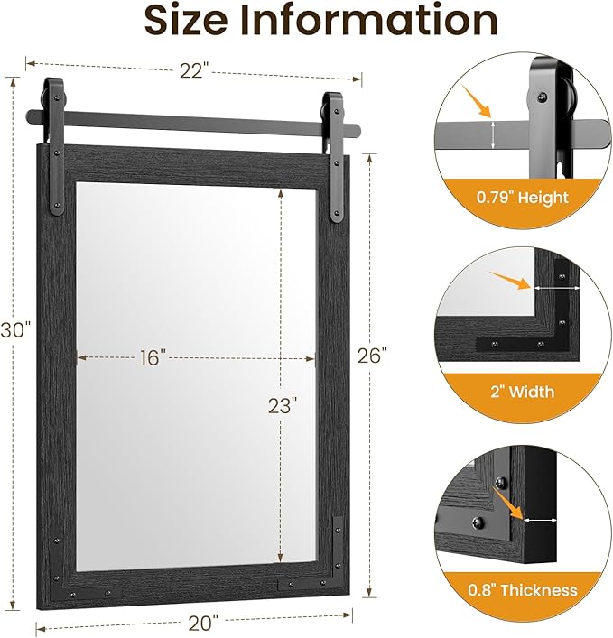 22” x 30” Black Farmhouse Barn Door Mirror with Rustic Solid Wood Frame, Shatterproof Glass, No Assembly Required – Perfect for Farmhouse Style Decor