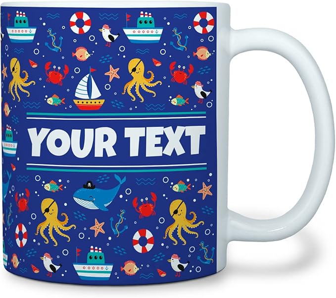 Personalized Mug for Kids - Nautical - Custom Name/Text, Ceramic Hot Chocolate/Cocoa/Coffee Cup for Boys/Girls, Birthday/Christmas/Holiday Gift - 11 oz, White Handle