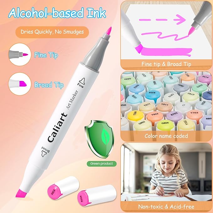 Caliart Pastel Markers, 61 Colors Dual Tip Art Markers Sketch Pens Permanent Alcohol Based, with Case for Adults Artists Drawing Illustration Sketching Coloring