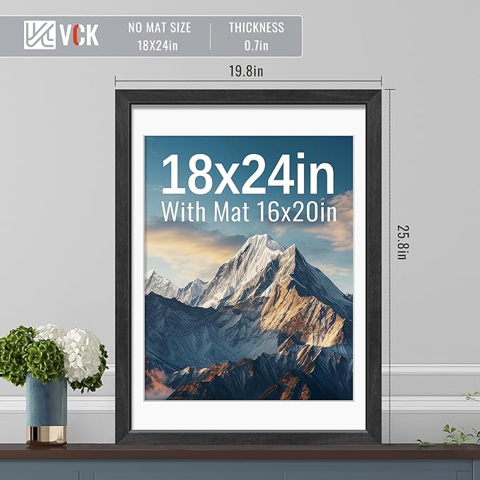 VCK 18x24 Frames Black Set of 5, Wide Border Wood, Display 16x20 Picture Photo with Mat or 18 x 24 without, for Home, Office, Gallery, Woodgrain Series, Wall Hanging