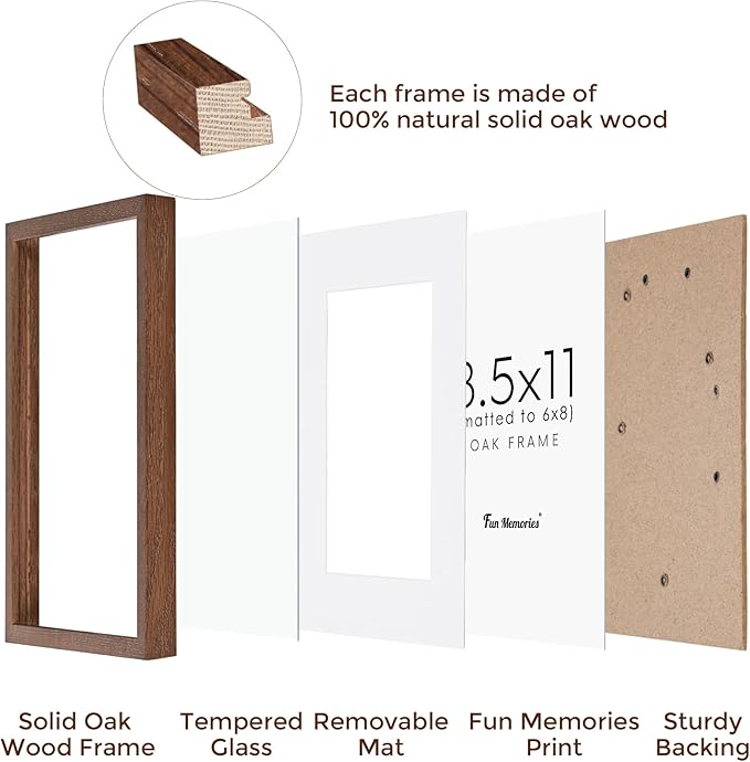 Picture Frame 8.5x11, Natural Oak Wood 8.5 x 11 Photo Frame, 8.5 by 11 Frame for Wall, 8.5x11 Picture Frame with Mat for 6x8, Tempered Real Glass, Walnut Color, Set of 1