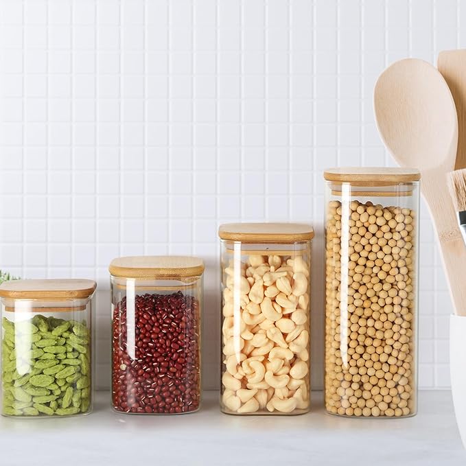 24 Pcs Glass Storage Jars with Bamboo Lids 4 Size Glass Storage Containers Pantry Food Containers Clear Airtight Square Jars for Candy Cookie Kitchen Sugar Pasta Nuts Pantry Organization