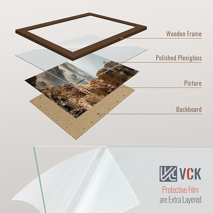 VCK 8.5x11 Picture Frame Set of 4 - Brown, Gallery-Quality Wood Poster Frames, 1.1-Inch Wide Border, Polished Plexiglass, Vertical or Horizontal Wall & Tabletop Display for Photo/Art/Prints, Brown