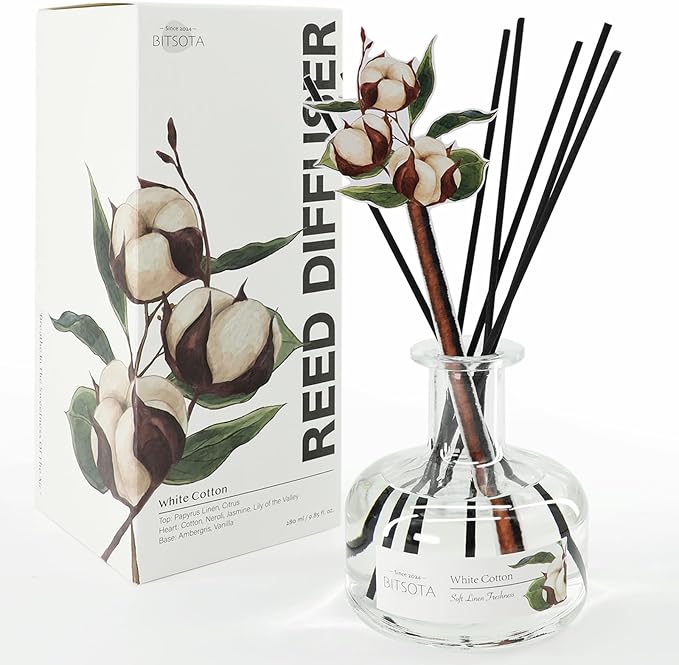 Reed Diffuser Set, Aroma Scented Diffuser with Sticks Home Fragrance Reed Diffuser for Bathroom Shelf Decor, Ideal Gift for Woman (9.85oz (280ml), White Cotton)