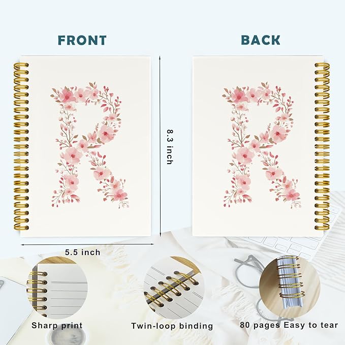 Pink Cute Spiral Notebook Journal, Preppy Floral Initial Letter R Personalized Journaling Notebooks, Monogrammed Gifts for Women Girls, Botanical Hardcover Spiral Lined Notebook 5.5 x 8.3