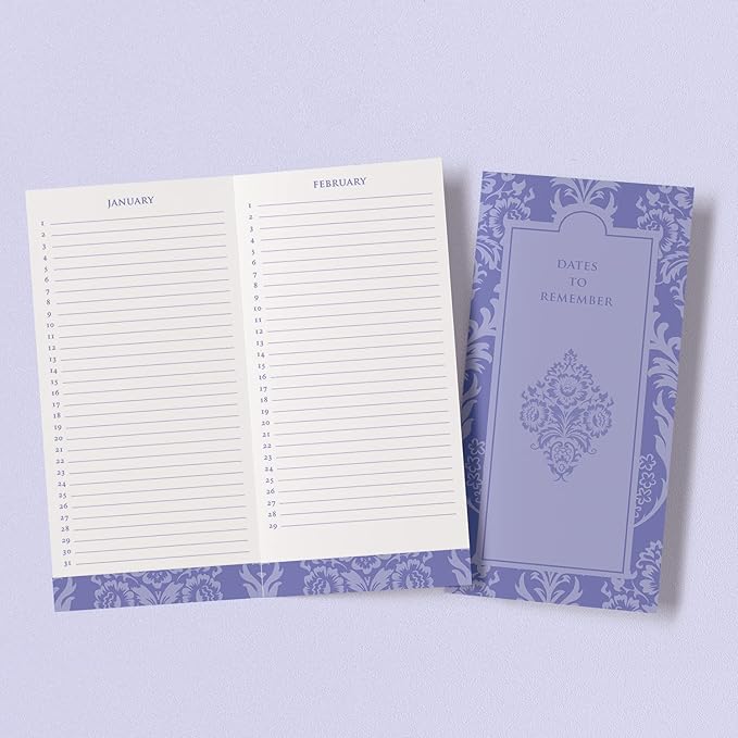 Designer Greetings Greeting Card Organizer Box with Dividers and Calendar, Decorative Lavender Damask Pattern (9.5” x 7.25” x 6”, Holds Up to 75 Greeting Cards), purple - large (711-00005-0000)