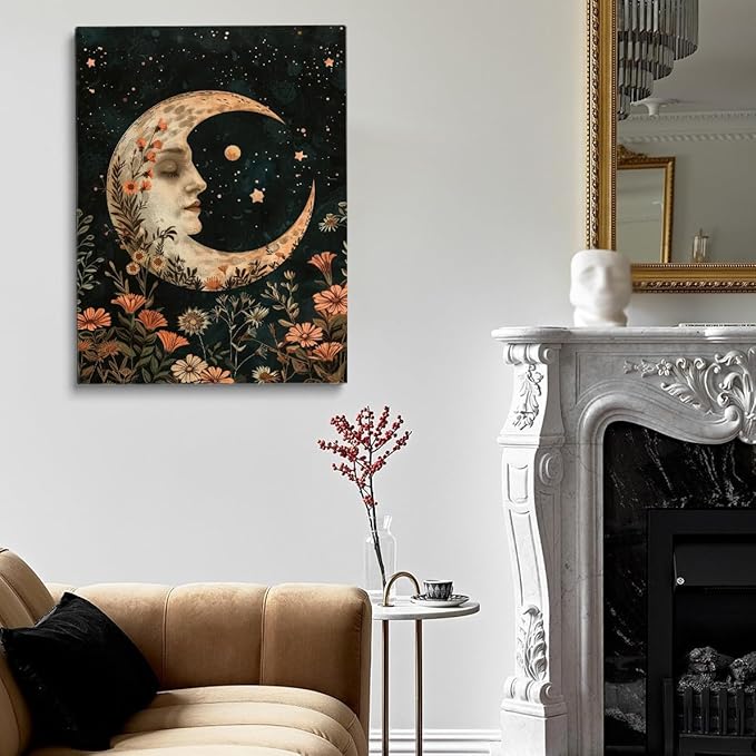 Dark Moody Crescent Moon William Morris Print,Dark Cottagecore Wall Art,Celestial Stars Floral Art Print,Witchy Academia Decor Vintage Cottagecore Decor for Bedroom Dorm 24x36in Large Frame Wall Art