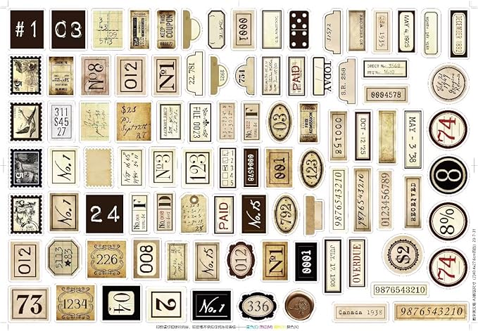 190 Pcs Vintage Label Number Stickers, Retro Tag Aesthetic Stickers for Scrapbooking Junk Journal Bullet Journal Collage Diary DIY Crafts