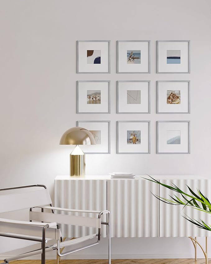 HAUS AND HUES 10x10 Silver Metal Picture Frames Matted to 5x5 - Premium Aluminum with Hanging Hardware, Shatterproof Plexiglass - Ideal for Home or Office (10x10 in, Silver, Set of 9)