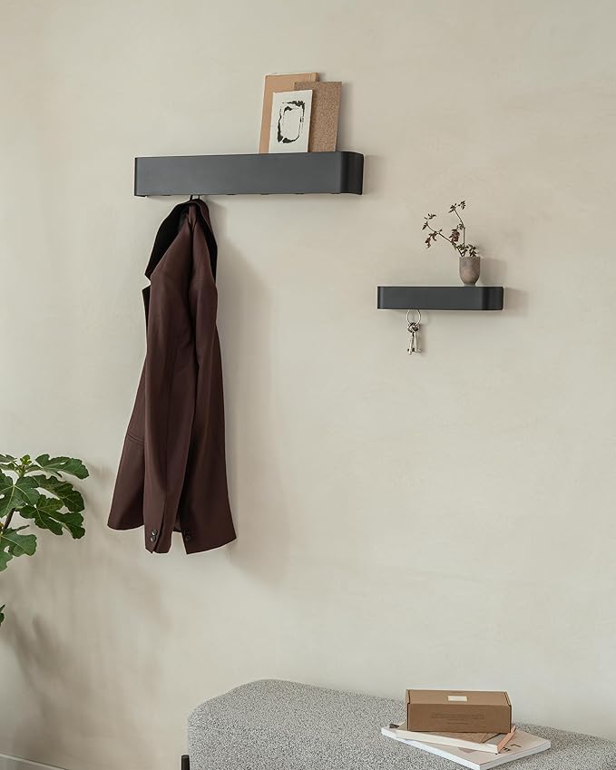 Kazai.®️ Coat Rack Wall Mount with Shelf 'Tone' | Modern Design Coat Hanger with Hidden Hooks and Storage | Hat Rack with Shelf in Metal | Wall-Mounted Purse Organizer | Black