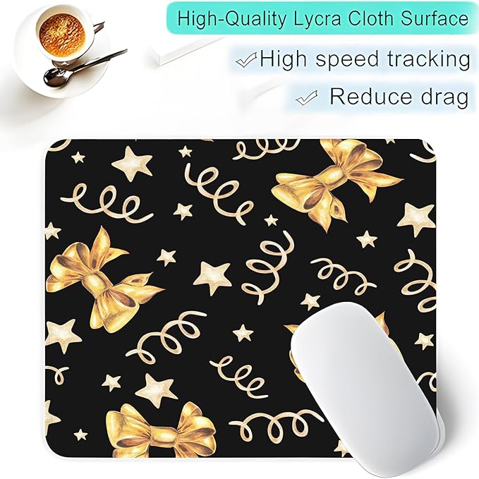 Seorsok Square Aesthetic Gold Bows and Golden Stars Mouse Mat,Premium Textured Mouse Pads for Office Laptop,Washable Square Mousepads with Extended Stitched Edges Non Slip Rubber Base,Black