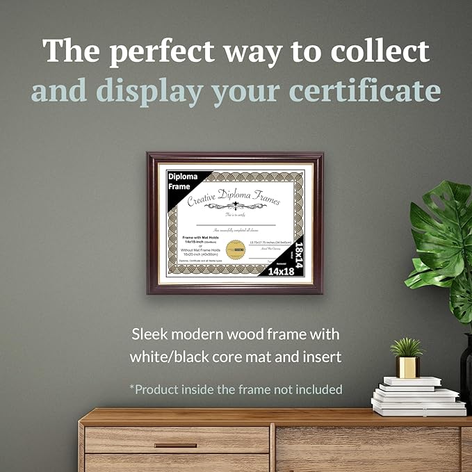 Creative Picture Frames 14x18 Mahogany Gold Rim Diploma Frame with White Mat Glass and Installed Wall Hangers | Frame Holds 16x20 Media without Mat