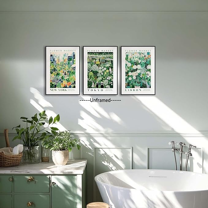 XLARTMY Flower Market Wall Art Prints Canvas Green Yellow White Floral Paintings Colorful Botanical Travel Flower Posters for Home Decor Pictures Set of 3 for Living Room Bedroom 16x24in Unframed