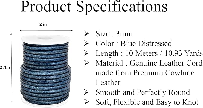 GENIQUE Real/Genuine Round Leather String Cord for Necklace, Bracelets, Jewellery, Braiding (3mm, Blue Distressed)