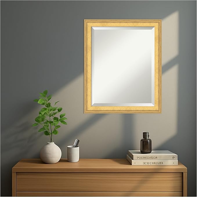 Amanti Art Gold Wall Mirror 23x19 Owen Gold Rectangle Bathroom Mirror for Wall Decor Living Room, Small Traditional Wood Frame, Hangs Horizonally and Vertically, Bathroom Decor, Beveled Edge