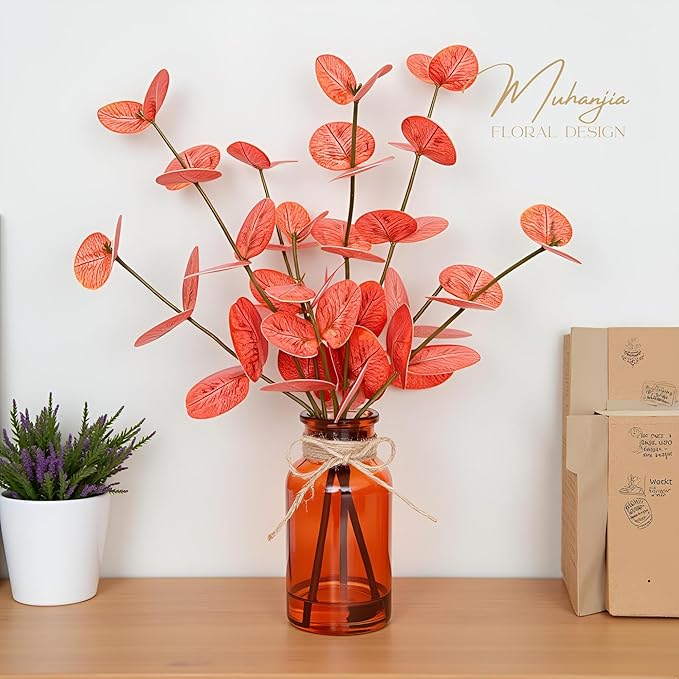 Muhanjia Artificial Eucalyptus Stems in Amber Glass Vase with Faux Water,3Pcs Fake Plant with Double-Sided Orange Leaves for Centerpiece (Double-Sided Orange Eucalyptus)