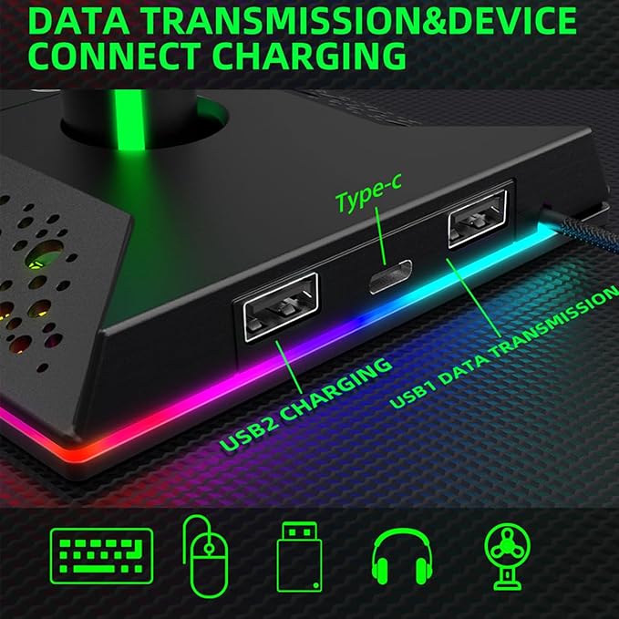 RGB Gaming Headset Stand with USB Hub - 2 USB Ports & 1 Type-C Port, 10 Lighting Modes, Universal Holder for All Headphones