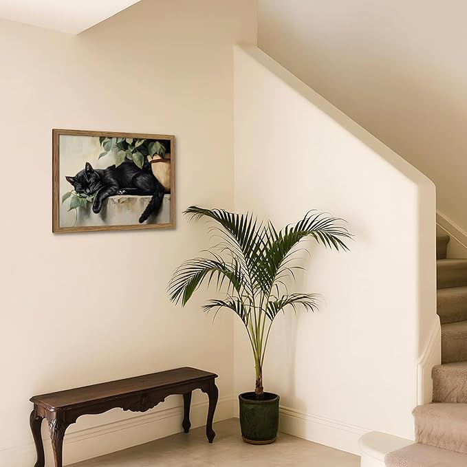 Framed Black Cat Wall Art, Vintage Sleeping Cat Picture Wall Decor, Cute Animal Poster Canvas Prints, Rustic Plant Paintings Artwork for Living room Bedroom Bathroom Decor – 12x16 inch