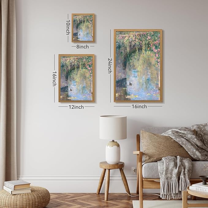 CAZLOUC Vintage Monet Floral Wall Art, Rustic Still Life Canvas Painting, Impressionist Pond Duck Wall Decor, Watercolor Botanical Landscape Poster Print for Bedroom Bathroom Wood Framed 8x10 Inch